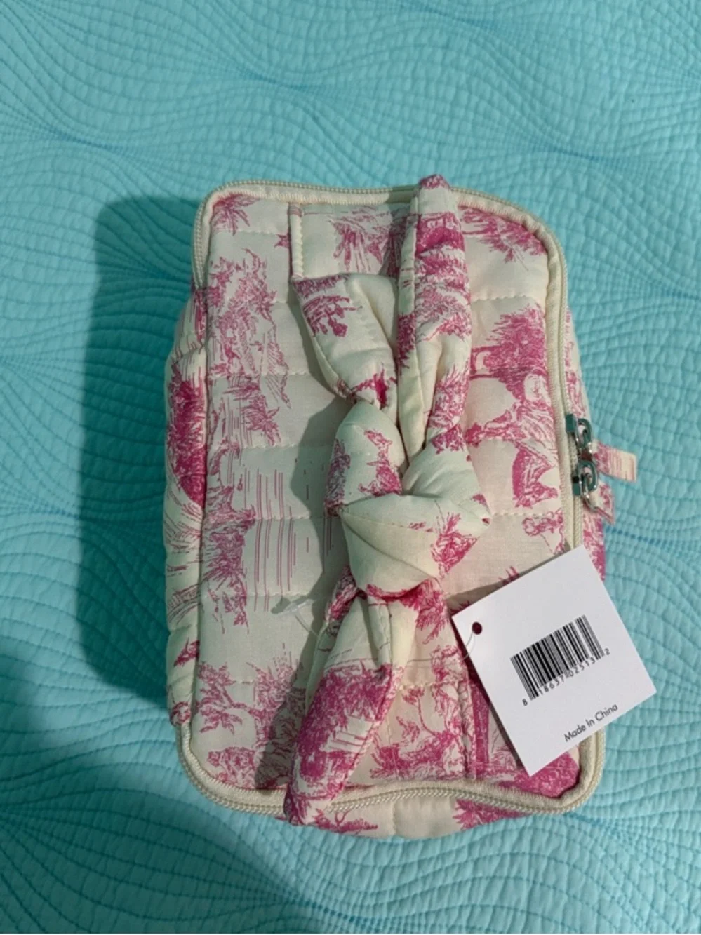 Pink Toile Quilted Cosmetic Travel Case
